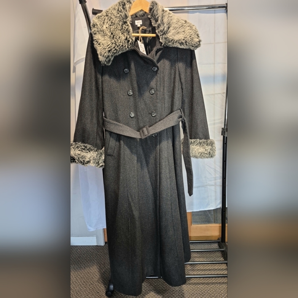Together Gray Trench Coat with Faux Fur Trim